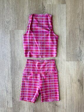 BEYONG YOGA Pink Gingham Square Neck Crop Tank & High Waist Shorts S M